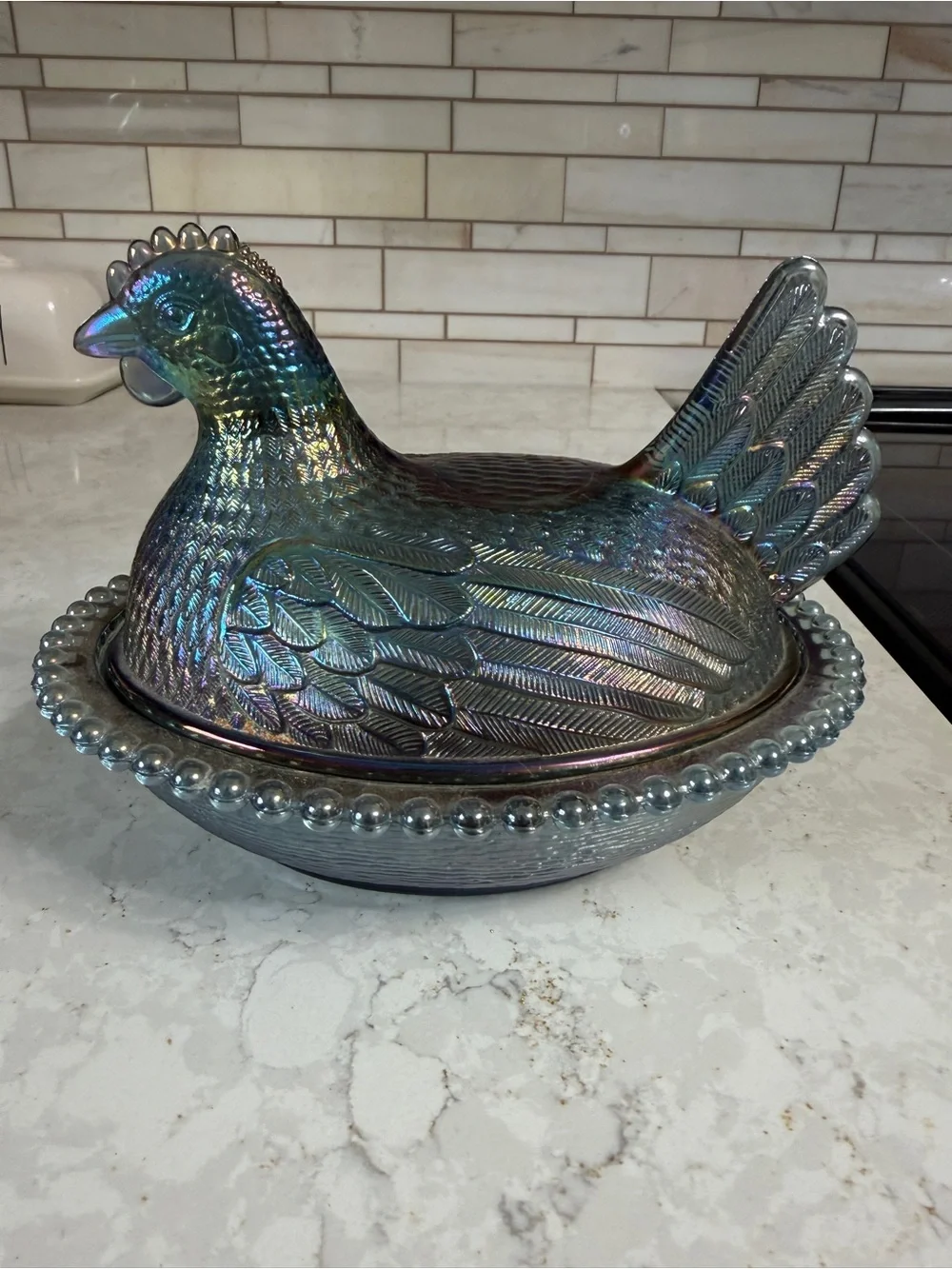 Iridescent Carnival Glass Hen on Nest Covered Dish - Blue-Green